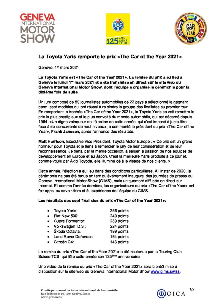 “The Car of the Year 2021”: And the winner is the Toyota Yaris