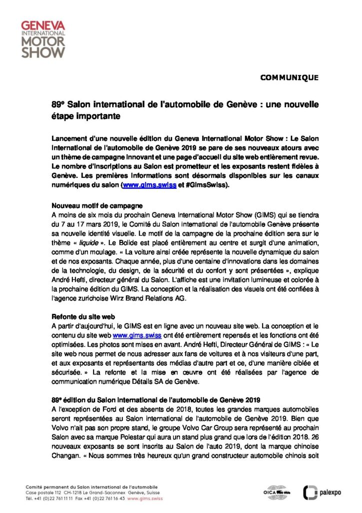 Une autre étape importante : La 89e édition du Salon international de l’automobile de Genève.