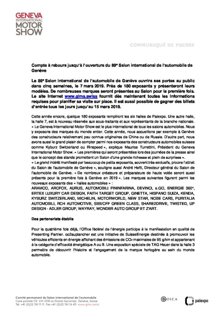 Compte à rebours pour l’ouverture du 89e Salon international de l’automobile de Genève.