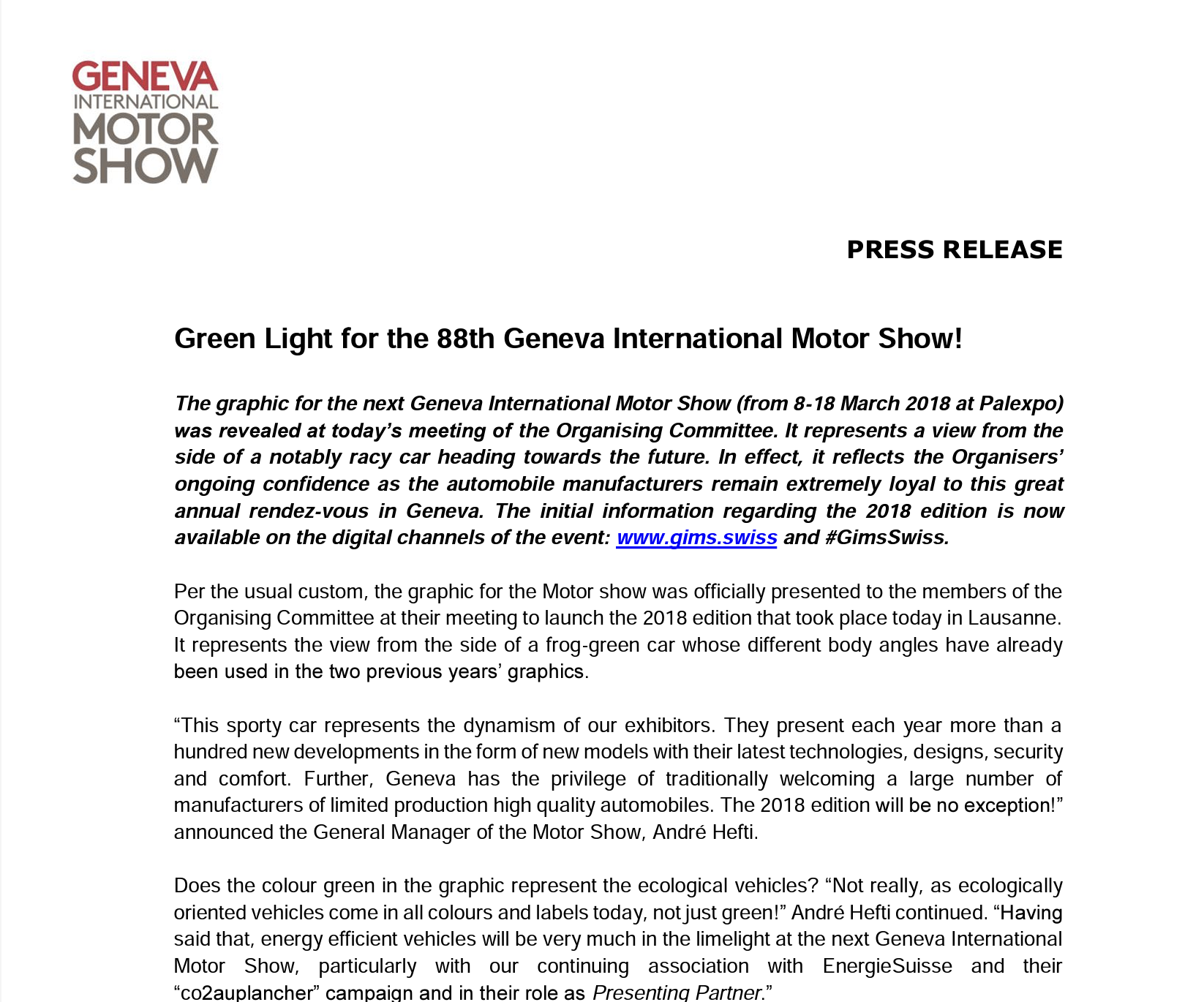 Green light for the 88th Geneva International Motor Show